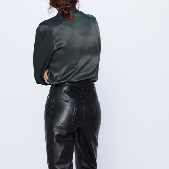 ZARA - BNWT Green Satin Long Sleeve Button Up Blouse with Tie - Picture 5 of 6